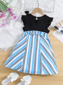 Niñas Vestido de rayas ribete con fruncido - Multicolor - Ver 2