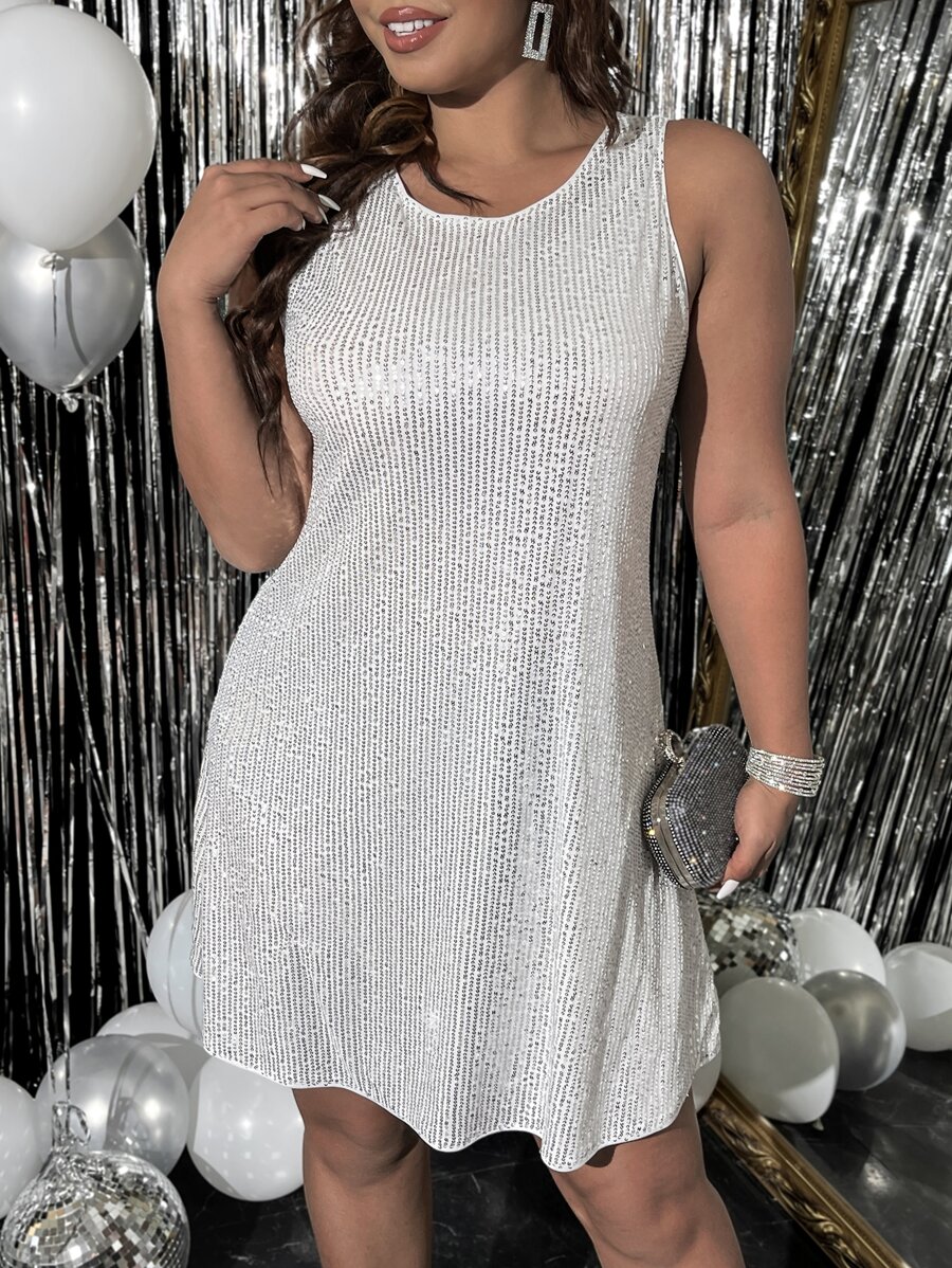 Calvaya Plus Sequin Tank Dress - White - View 1