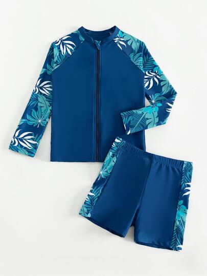 十幾歲男孩熱帶印花拉甘袖前拉鍊海灘泳裝