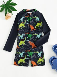 Tween Boy Dinosaur Print Zipper Front One Piece Swimsuit