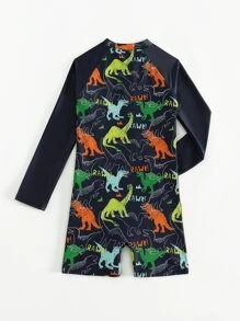Tween Boy Dinosaur Print Zipper Front One Piece Swimsuit