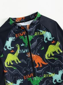 Tween Boy Dinosaur Print Zipper Front One Piece Swimsuit
