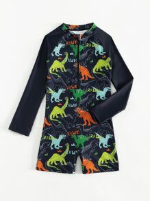 Tween Boy Dinosaur Print Zipper Front One Piece Swimsuit