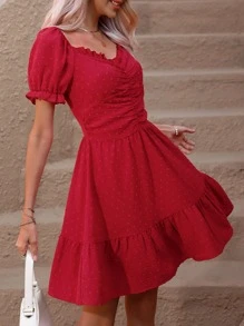 SHEIN Privé Vestido de lunares fruncido delantero bajo con fruncido - Rojo - Ver 1