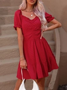 SHEIN Privé Vestido de lunares fruncido delantero bajo con fruncido - Rojo - Ver 5