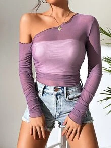 SHEIN ICON 不對稱領透視網紗上衣不附文胸 - 紫色 - 查看 1