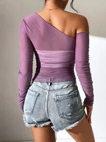 SHEIN ICON 不對稱領透視網紗上衣不附文胸 - 紫色 - 查看 2