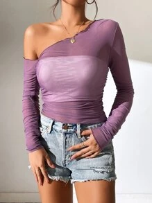 SHEIN ICON 不對稱領透視網紗上衣不附文胸 - 紫色 - 查看 3