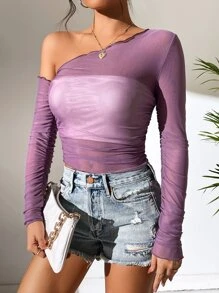 SHEIN ICON 不對稱領透視網紗上衣不附文胸 - 紫色 - 查看 5