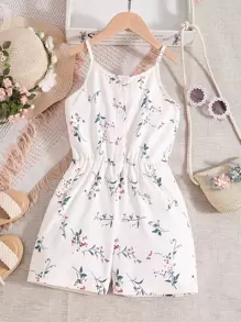 SHEIN Girls Floral Print Cami Romper - White - View 1