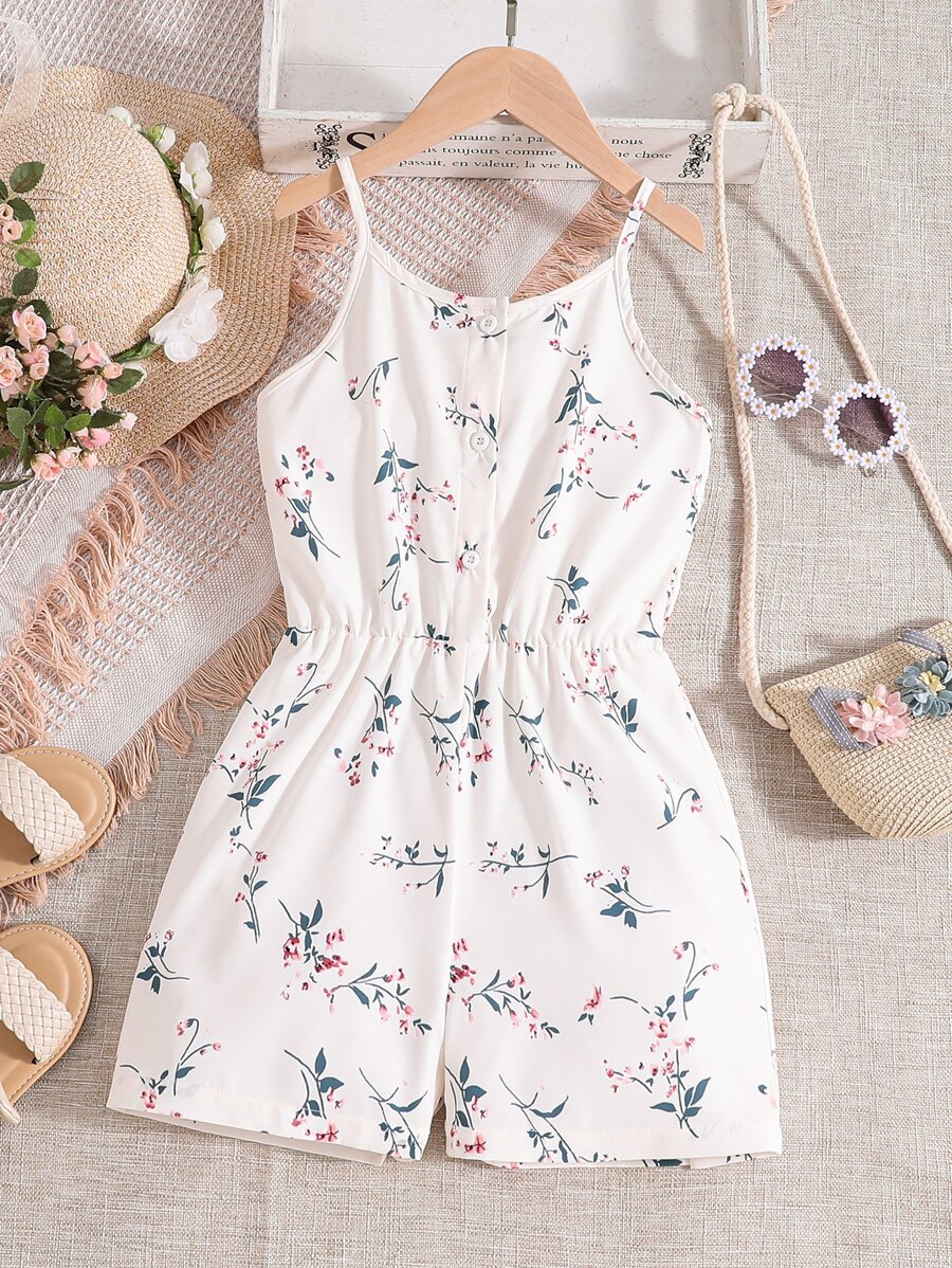 SHEIN Girls Floral Print Cami Romper - White - View 1