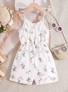 SHEIN Girls Floral Print Cami Romper - White - View 2