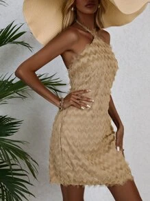 GENKIRA 素色毛茸茸掛脖連衣裙 - 卡其色 - 查看 1