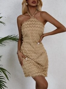 GENKIRA 素色毛茸茸掛脖連衣裙 - 卡其色 - 查看 4