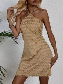 GENKIRA 素色毛茸茸掛脖連衣裙 - 卡其色 - 查看 6