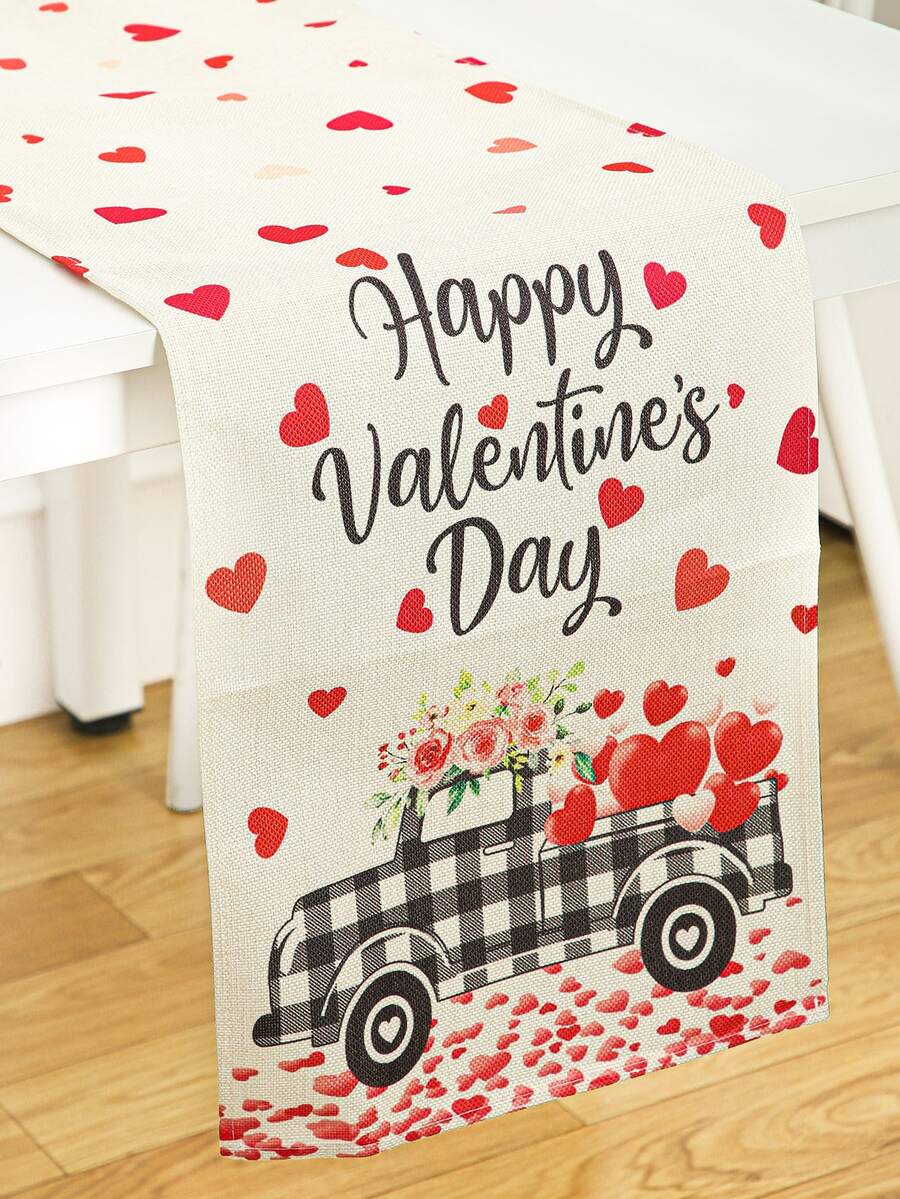 1pc Valentine's Day Heart & Car Pattern Table Runner - Multicolor - View 1