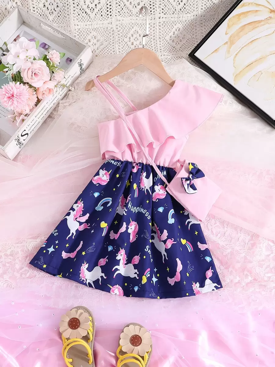 SHEIN Toddler Girls Unicorn Print Asymmetrical Neck Ruffle Trim Dress & Bag - Multicolor - View 1