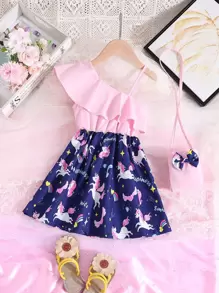 SHEIN Toddler Girls Unicorn Print Asymmetrical Neck Ruffle Trim Dress & Bag - Multicolor - View 2
