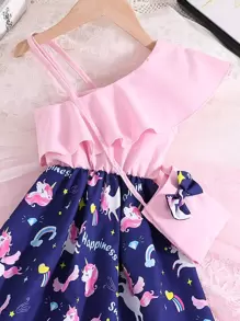 SHEIN Toddler Girls Unicorn Print Asymmetrical Neck Ruffle Trim Dress & Bag - Multicolor - View 3