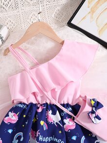 SHEIN Toddler Girls Unicorn Print Asymmetrical Neck Ruffle Trim Dress & Bag - Multicolor - View 4