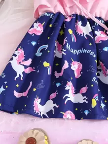 SHEIN Toddler Girls Unicorn Print Asymmetrical Neck Ruffle Trim Dress & Bag - Multicolor - View 5