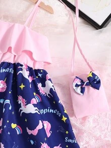 SHEIN Toddler Girls Unicorn Print Asymmetrical Neck Ruffle Trim Dress & Bag - Multicolor - View 6