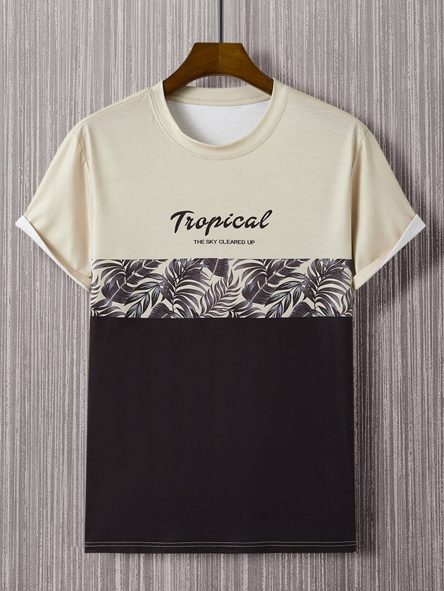 Manfinity Hombres Camiseta tropical & con estampado de letra de color combinado