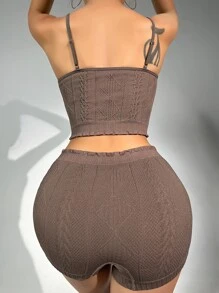 Conjunto de salón pantalones cortos con camiseta de tirantes tejido de cable - Marrón Chocolate - Ver 2