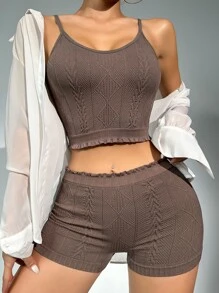 Conjunto de salón pantalones cortos con camiseta de tirantes tejido de cable - Marrón Chocolate - Ver 3
