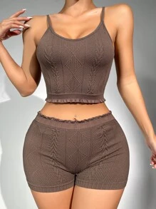 Conjunto de salón pantalones cortos con camiseta de tirantes tejido de cable - Marrón Chocolate - Ver 4
