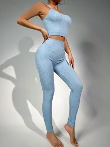 Cable Knit Cami Top & Leggings Lounge Set - Baby Blue - View 3