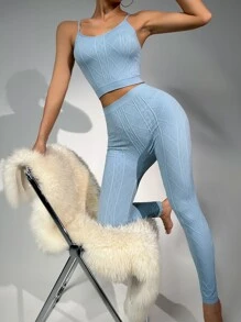 Cable Knit Cami Top & Leggings Lounge Set - Baby Blue - View 5