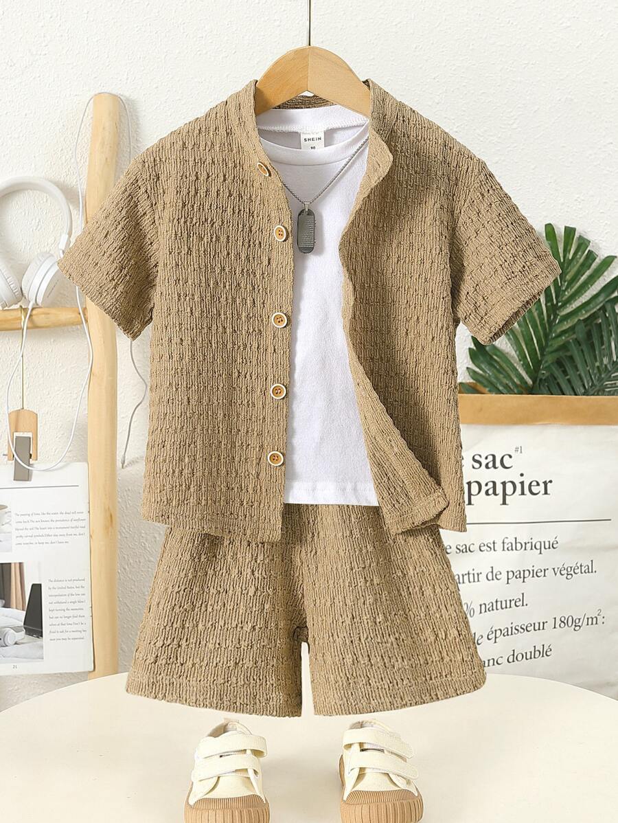 Toddler Boys Solid Button Front Shirt & Shorts Without Tee - Khaki - View 1
