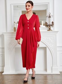 Modelyn Váy chữ A tay loe cài nút phía trước màu đỏ tía - Màu Đỏ Sâu - Xem 1