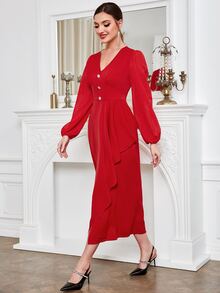 Modelyn Váy chữ A tay loe cài nút phía trước màu đỏ tía - Màu Đỏ Sâu - Xem 3