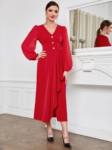 Modelyn Váy chữ A tay loe cài nút phía trước màu đỏ tía - Màu Đỏ Sâu - Xem 4