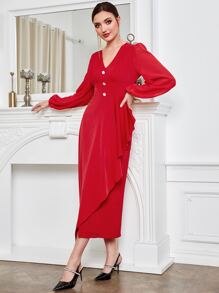 Modelyn Váy chữ A tay loe cài nút phía trước màu đỏ tía - Màu Đỏ Sâu - Xem 5