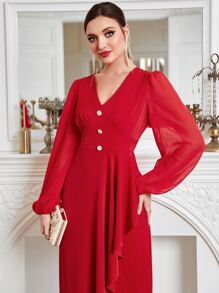 Modelyn Váy chữ A tay loe cài nút phía trước màu đỏ tía - Màu Đỏ Sâu - Xem 6