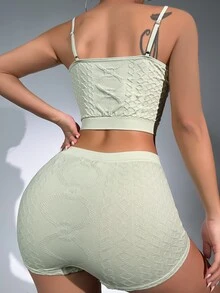 Textured Knit Cami Top & Shorts Lounge Set - Mint Green - View 2