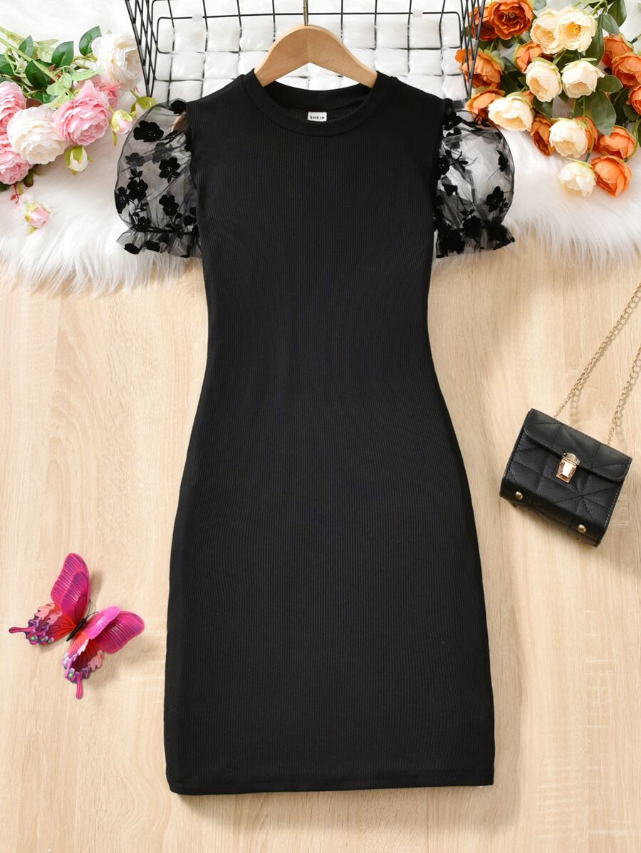 SHEIN Explorewe 青少年女孩拼接花卉圖案網紗泡泡袖連衣裙