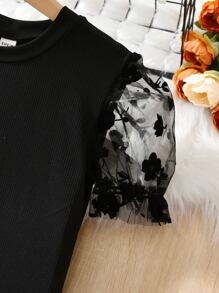 SHEIN Explorewe 青少年女孩拼接花卉圖案網紗泡泡袖連衣裙