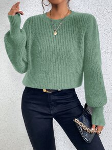 SHEIN Frenchy Solid Ribbed Knit Lantern Sleeve Jumper - Green - View 1