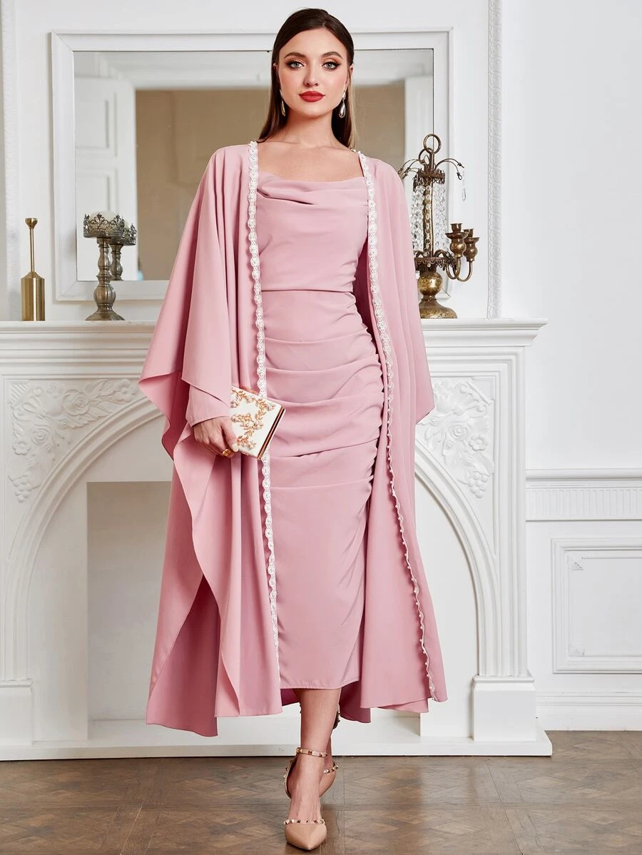 Al Najma Lace Trim Coat & Square Neck Dress Set - Dusty Pink - View 1
