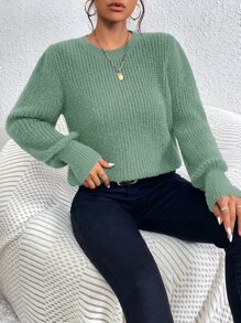 SHEIN Frenchy Solid Ribbed Knit Lantern Sleeve Jumper - Green - View 3