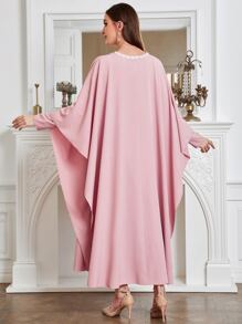 Al Najma Lace Trim Coat & Square Neck Dress Set - Dusty Pink - View 2