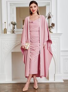Al Najma Lace Trim Coat & Square Neck Dress Set - Dusty Pink - View 3