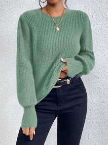 SHEIN Frenchy Solid Ribbed Knit Lantern Sleeve Jumper - Green - View 4