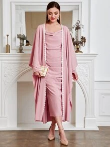 Al Najma Lace Trim Coat & Square Neck Dress Set - Dusty Pink - View 4