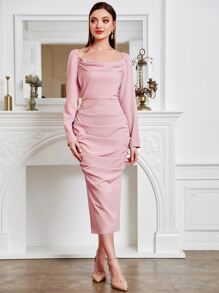 Al Najma Lace Trim Coat & Square Neck Dress Set - Dusty Pink - View 5