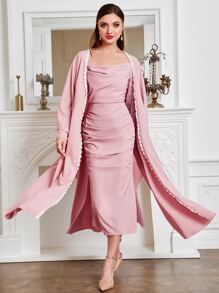 Al Najma Lace Trim Coat & Square Neck Dress Set - Dusty Pink - View 6